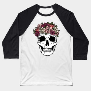 Day of the Dead Style Flower Crown Skull Illustration Baseball T-Shirt